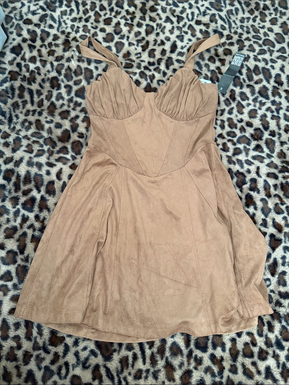 Trixxi Brown Suede-Look Mini Dress with Leopard Trim